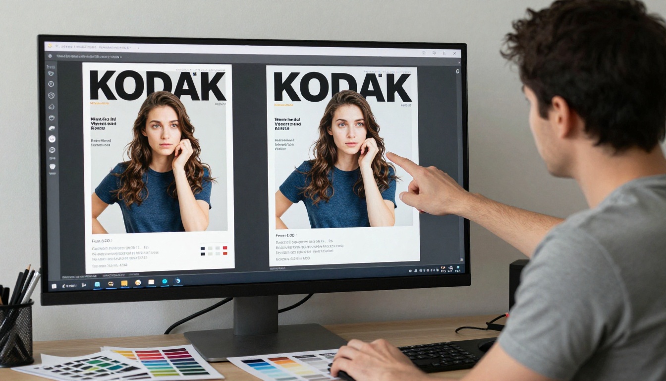 Designer analyzing thumbnail sizes on a monitor
