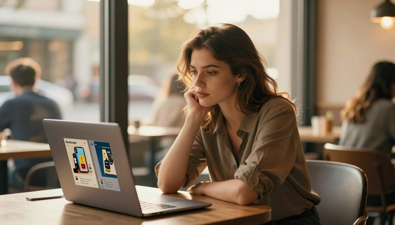 Woman evaluating publication options on laptop at a sunlit cafe