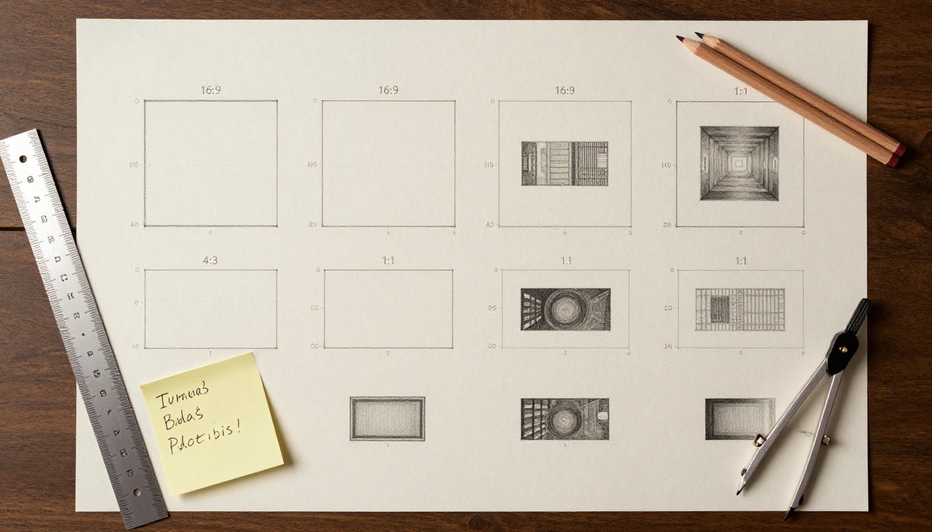 Printed aspect ratio comparison sheets on a design desk Printed aspect ratio comparison sheets on a design desk