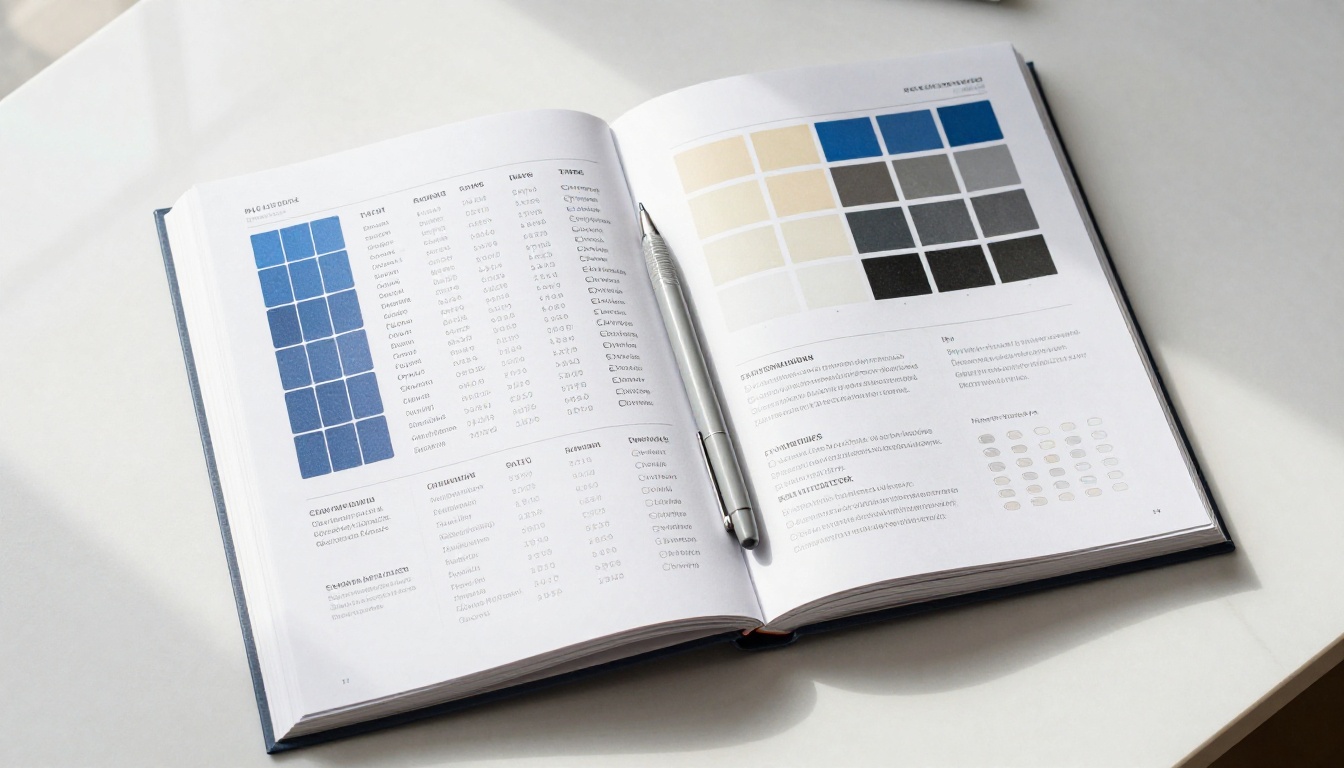 A brand style guide book open on a desk showing typography specimens, hex color swatches, and logo usage rules in a clean professional layout A brand style guide book open on a desk showing typography specimens, hex color swatches, and logo usage rules in a clean professional layout
