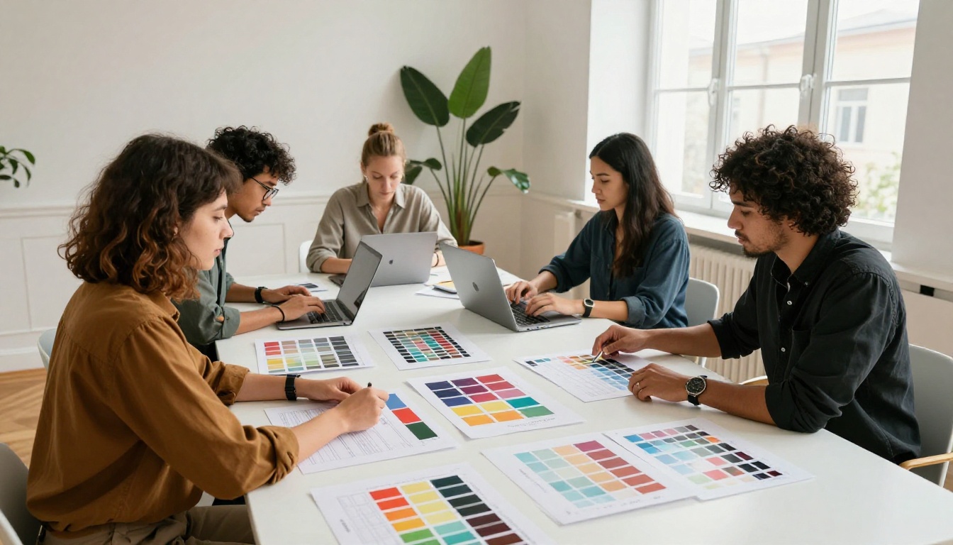 A team of three diverse professionals seated around a conference table reviewing large-format printed publication proofs, with one person pointing at a brand color match between issues