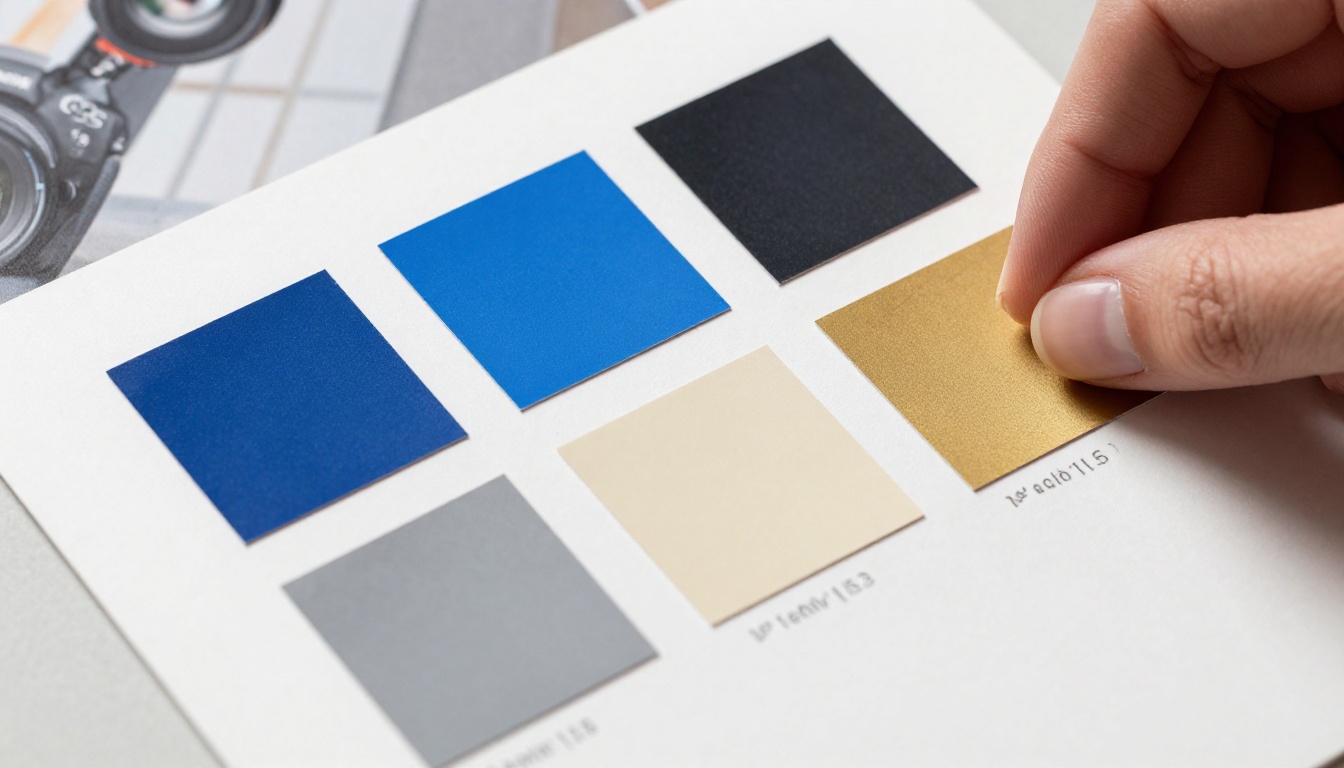 Extreme close-up of premium Pantone color chips in cobalt blue, navy, cream, and charcoal spread on a white studio table, being compared against a printed publication page Extreme close-up of premium Pantone color chips in cobalt blue, navy, cream, and charcoal spread on a white studio table, being compared against a printed publication page
