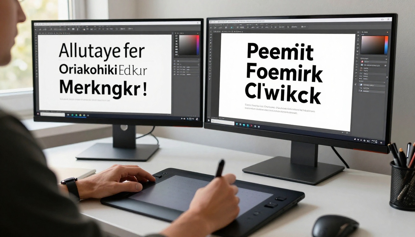 A graphic designer using a stylus on a Wacom tablet with two monitors showing typography comparison panels and a digital flipbook publication layout in design software A graphic designer using a stylus on a Wacom tablet with two monitors showing typography comparison panels and a digital flipbook publication layout in design software