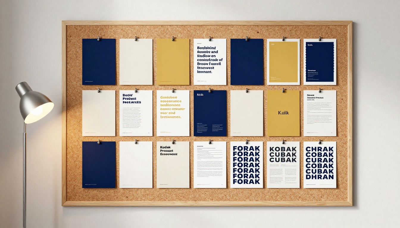 A brand identity mood board on a corkboard showing color swatches in navy, cream and gold, font printouts, logo usage variations, and aligned publication spread samples A brand identity mood board on a corkboard showing color swatches in navy, cream and gold, font printouts, logo usage variations, and aligned publication spread samples