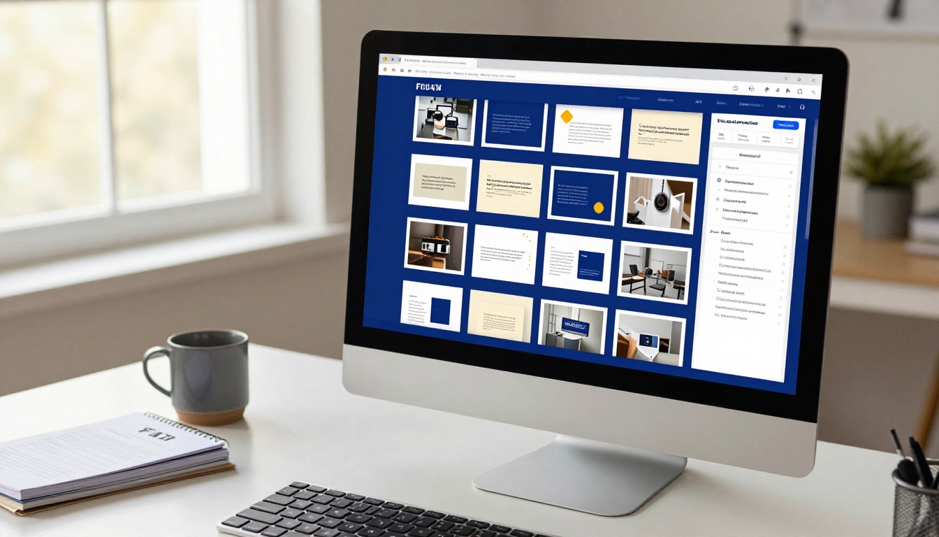 A modern iMac display showing a digital flipbook with consistent cobalt blue brand colors and cream content areas visible across page thumbnails, with a brand guideline booklet beside the keyboard