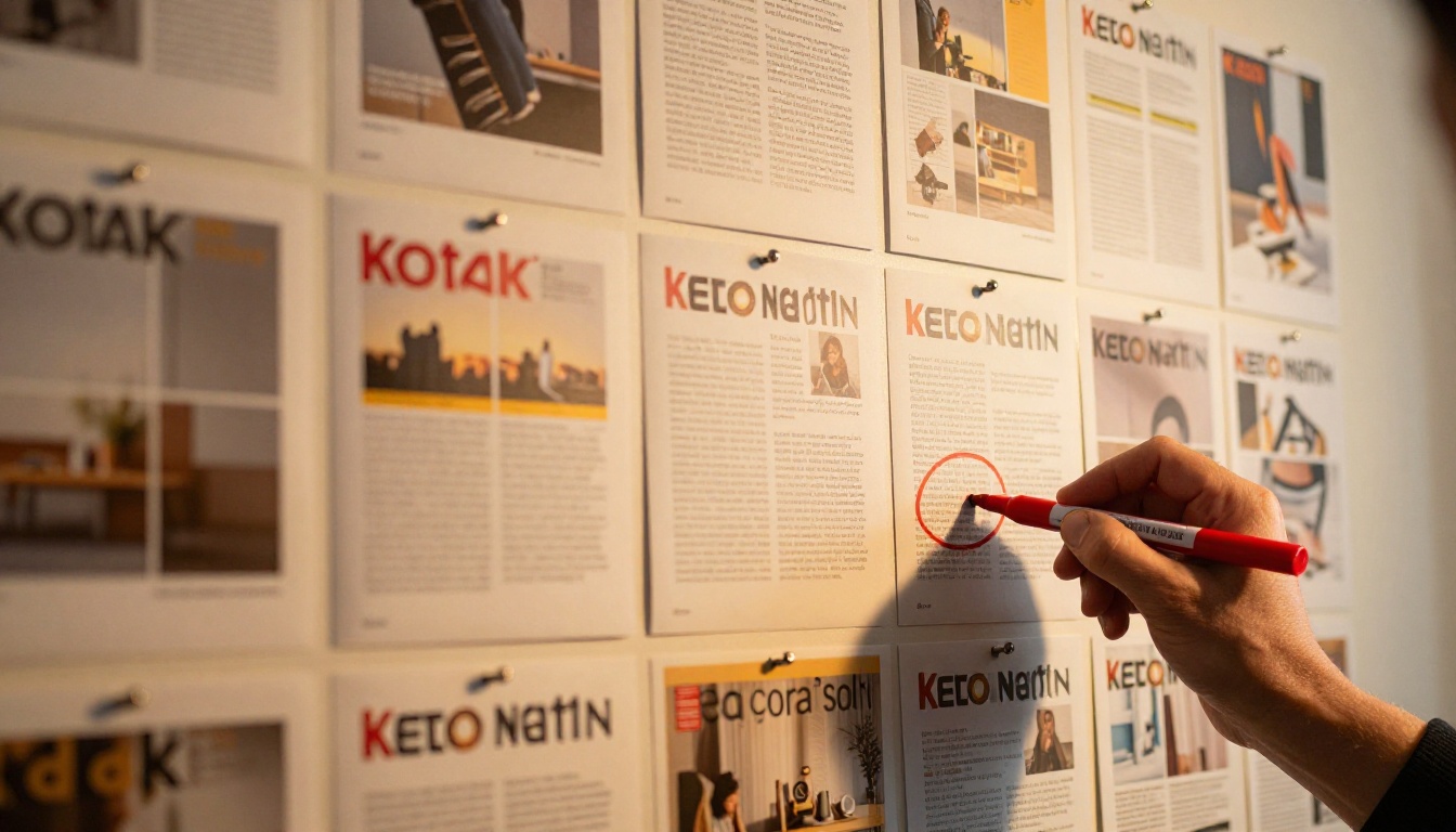 Publication spreads from the same magazine series pinned on an agency pinboard wall, each showing perfectly consistent visual branding and matching color palette across issues