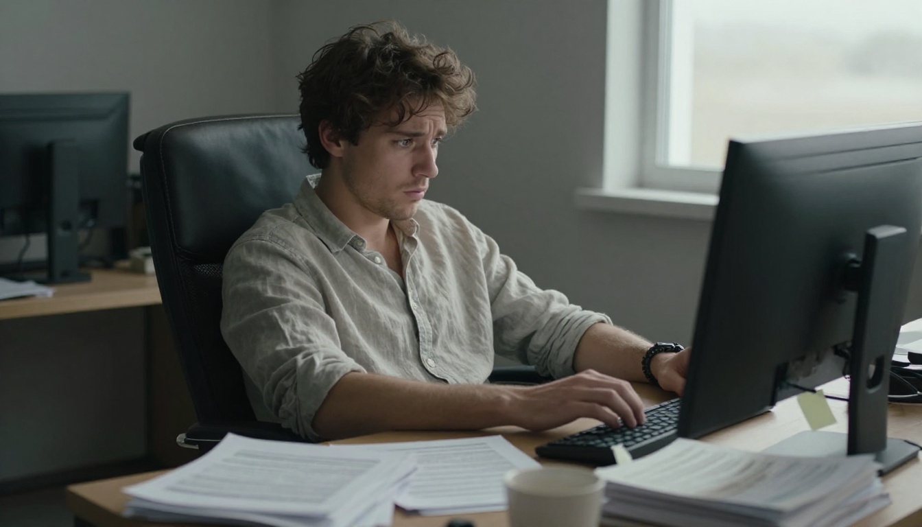 Reader scrolling through a long, overwhelming document at a cluttered desk Reader scrolling through a long, overwhelming document at a cluttered desk