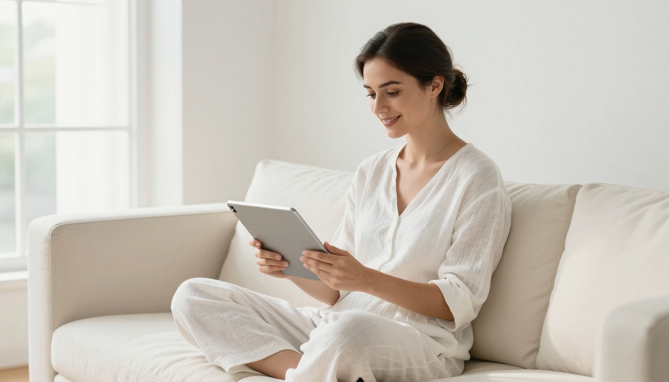 Reader absorbed in a short, clean flipbook on a silver tablet Reader absorbed in a short, clean flipbook on a silver tablet