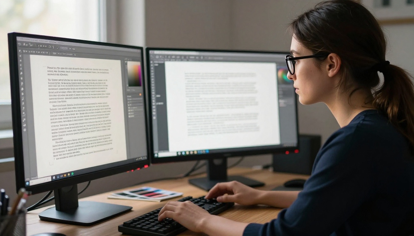 Graphic designer condensing and streamlining page layouts on dual monitors Graphic designer condensing and streamlining page layouts on dual monitors