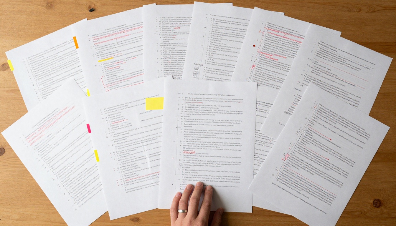 Aerial view of printed document pages spread out on a light birch desk for content review Aerial view of printed document pages spread out on a light birch desk for content review