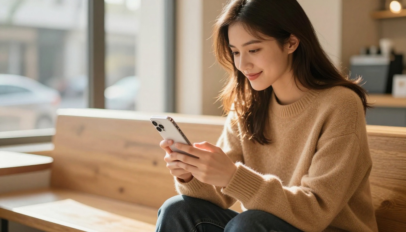 Woman on a smartphone reading a short flipbook with satisfaction in a bright minimalist cafe