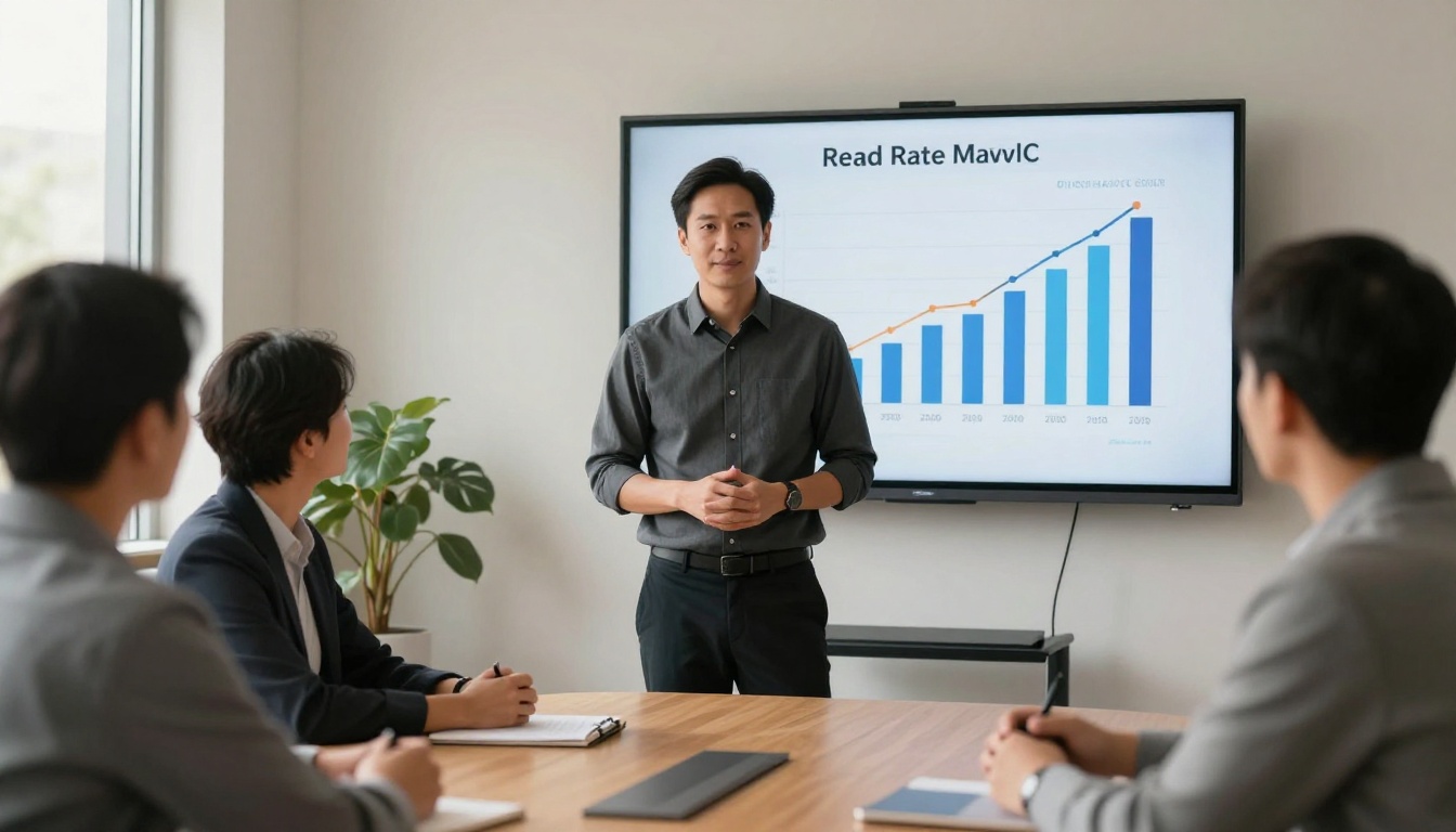 Professional presenting read rate improvement data to a small attentive team in a conference room
