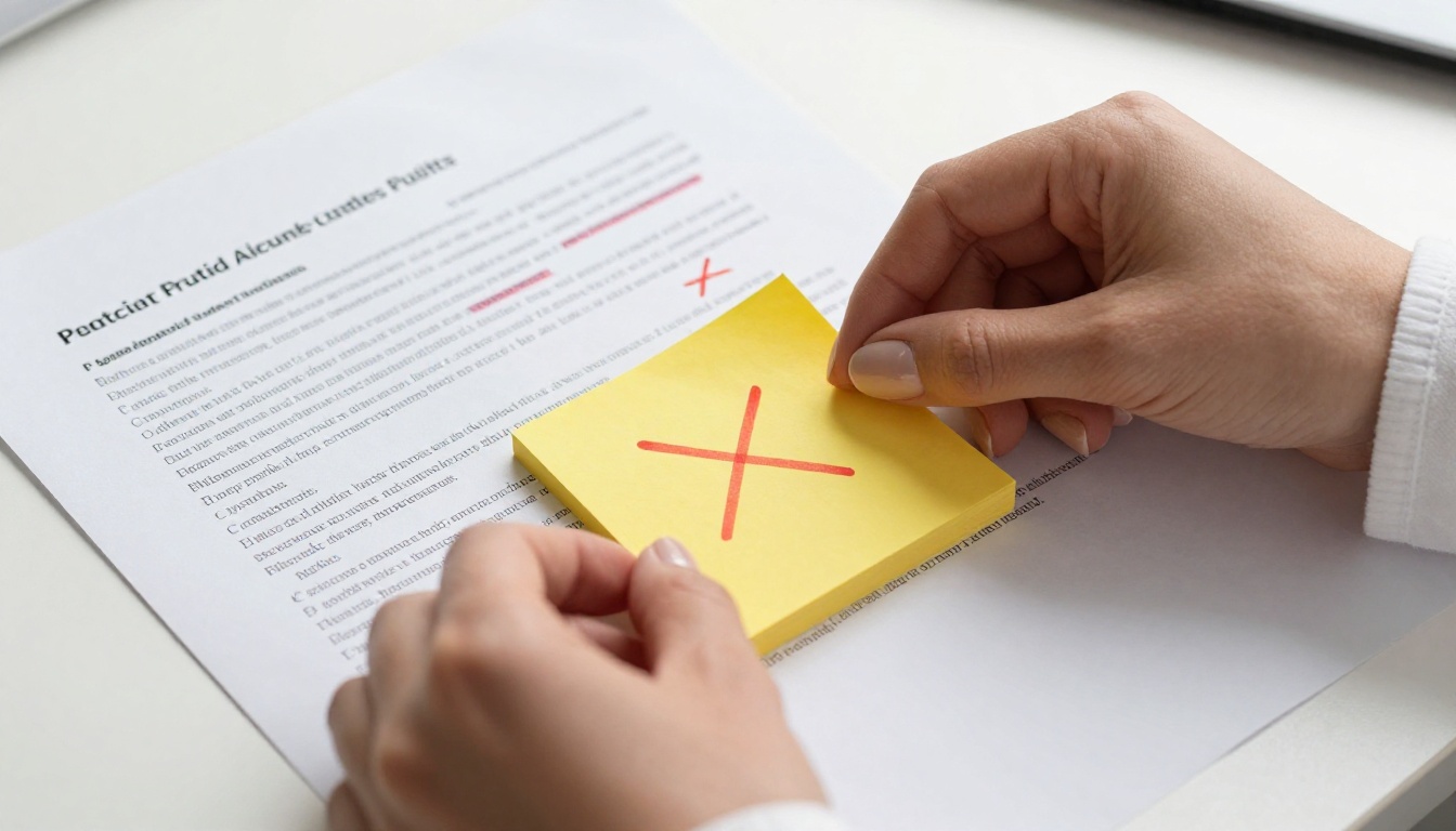 Close-up of hands doing a rigorous content audit with sticky notes and markings on printed pages