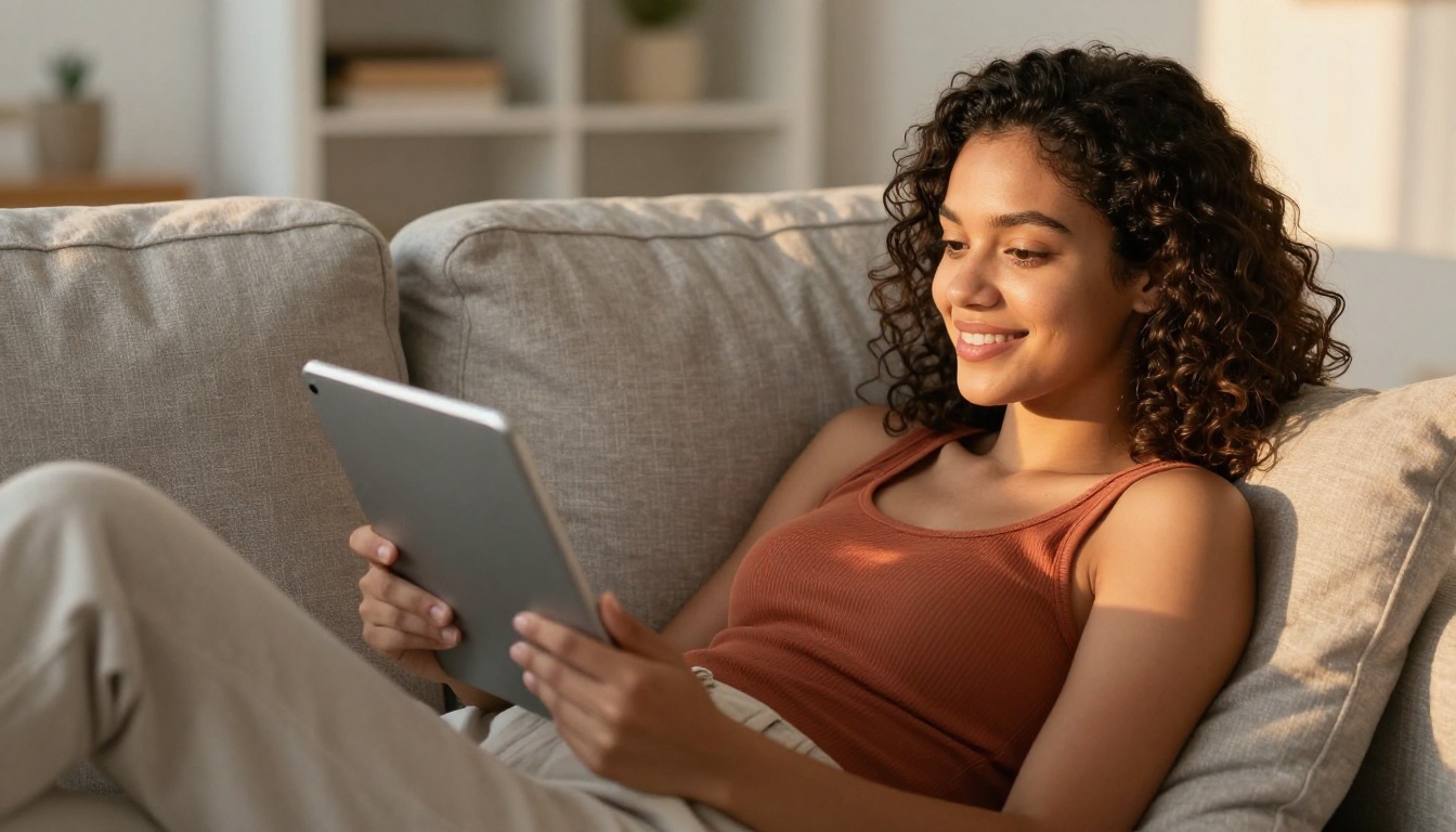 Satisfied reader finishing a digital flipbook on a tablet at home, warm golden light