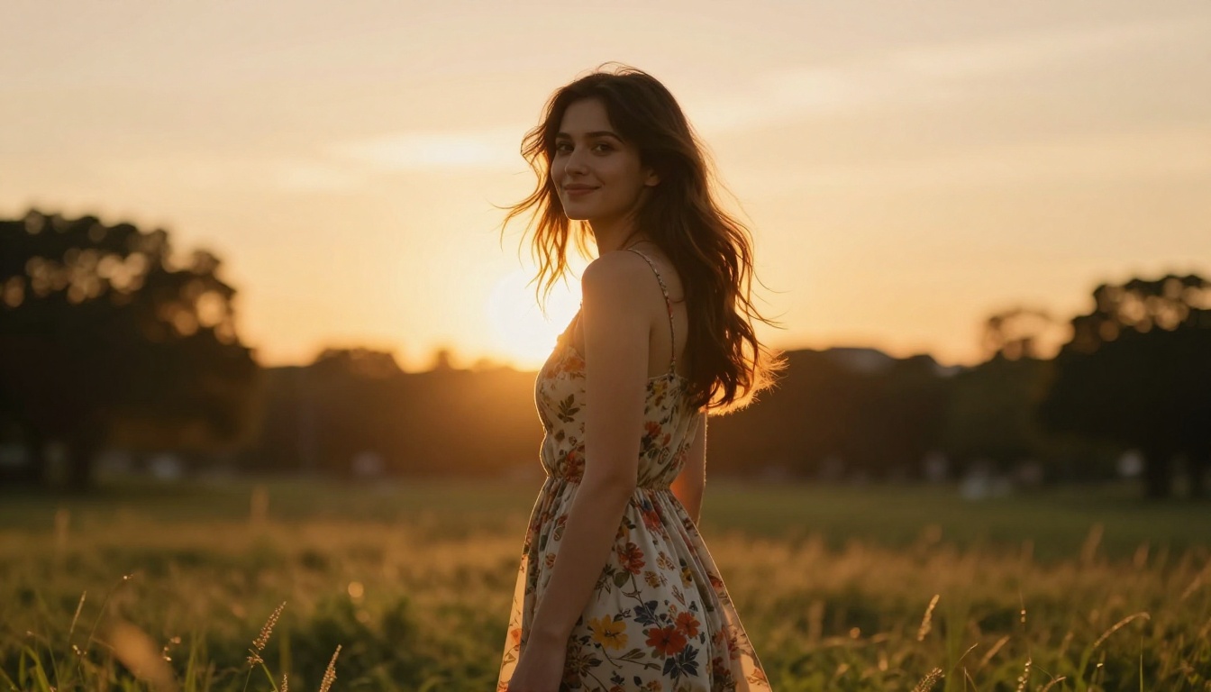 Woman photographed at golden hour with warm backlit glow and cinematic rim light