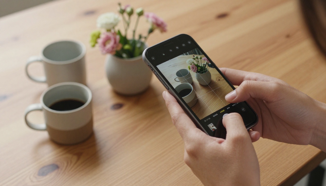 Hands holding smartphone to photograph a flat lay, showing composition grid overlay on screen