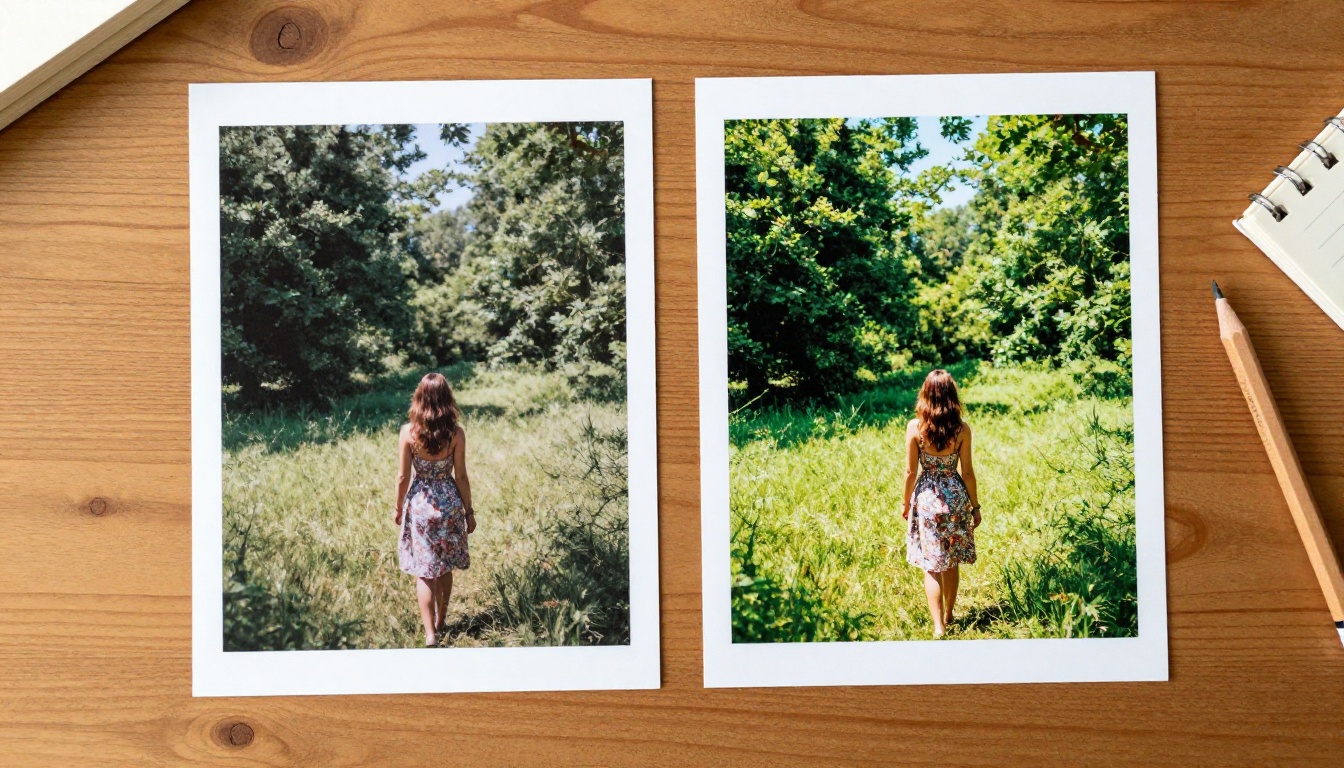 Before and after printed photos side by side on wood table showing dramatic editing improvement Before and after printed photos side by side on wood table showing dramatic editing improvement