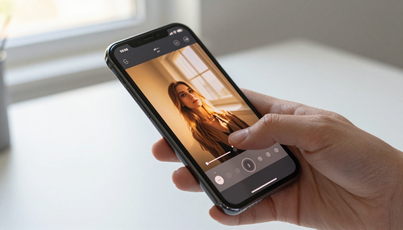 Smartphone color grading app with warm tone sliders adjusting a portrait photo