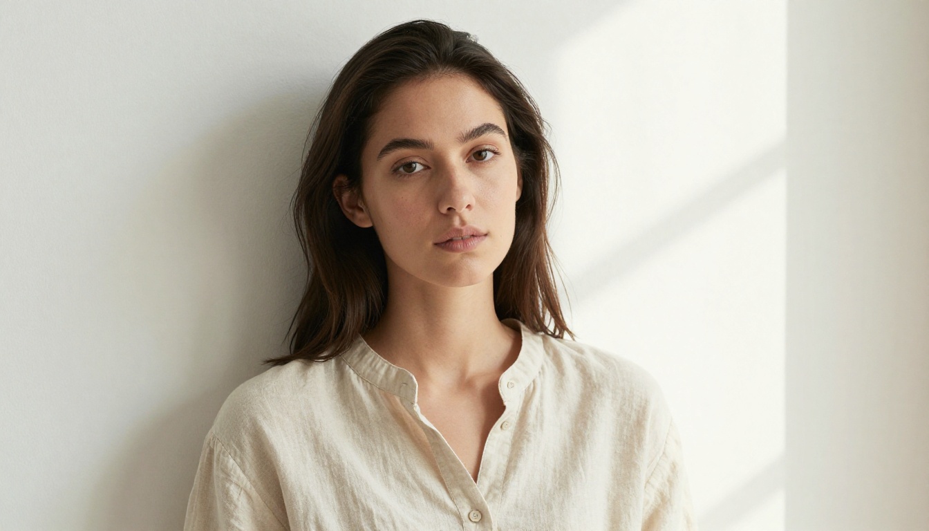 Clean minimalist portrait against a smooth white wall with soft natural window light Clean minimalist portrait against a smooth white wall with soft natural window light