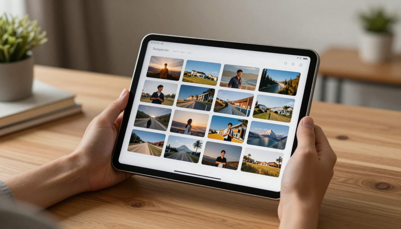 Person holding tablet showing a clean digital photography portfolio flipbook grid layout Person holding tablet showing a clean digital photography portfolio flipbook grid layout