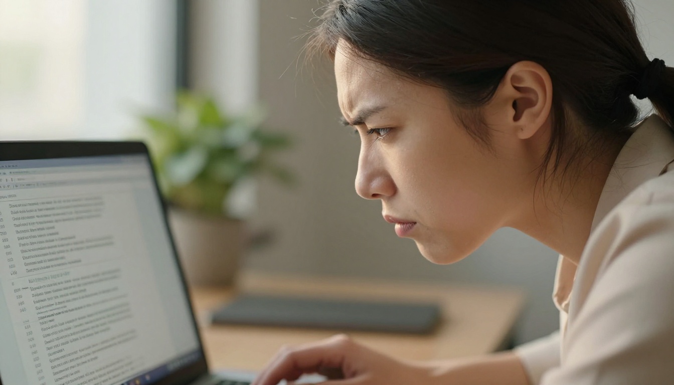 Woman showing eye strain while reading cramped text on a laptop screen