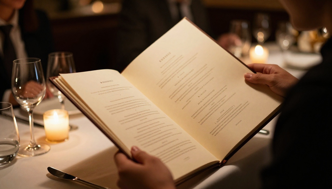 Restaurant couple reviewing a well-spaced menu by warm candlelight Restaurant couple reviewing a well-spaced menu by warm candlelight