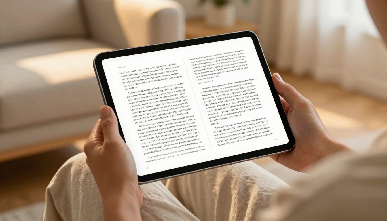 Person holding a tablet with a beautifully formatted digital flipbook in a cozy home