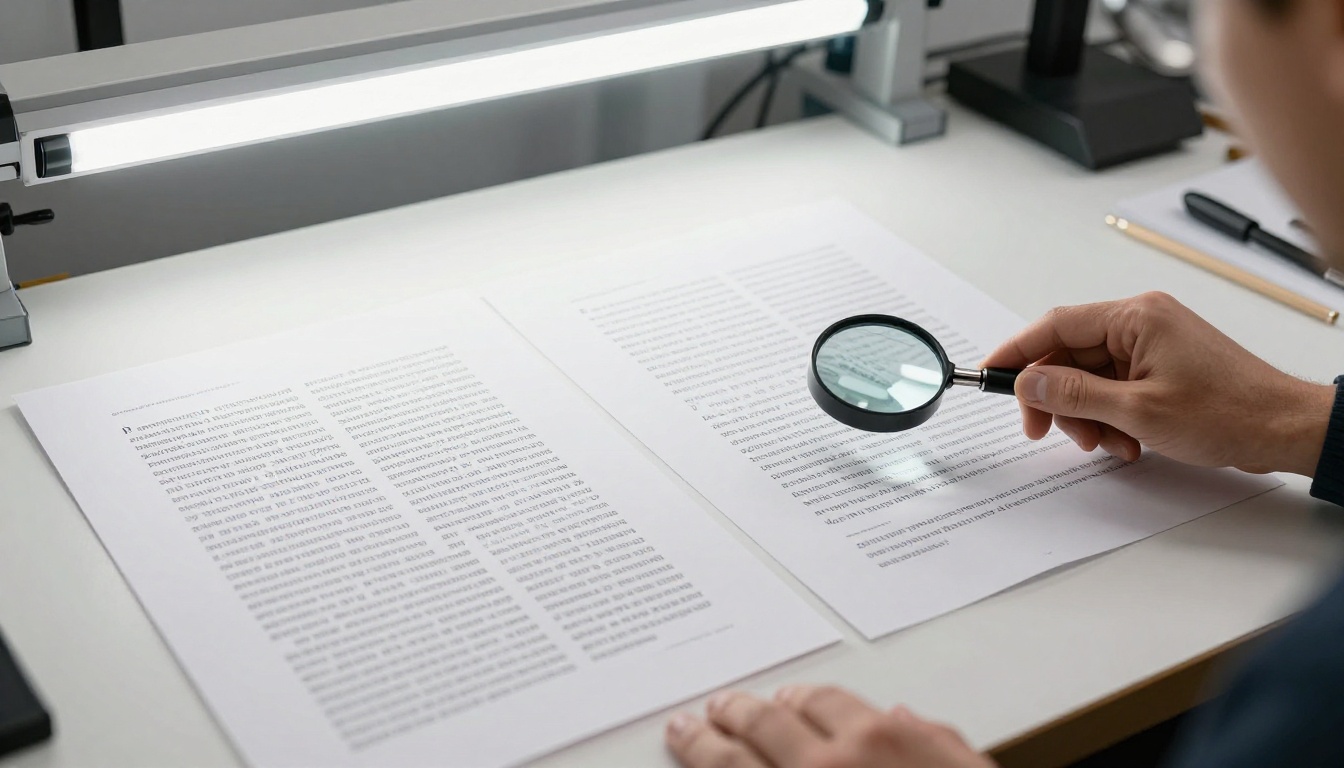 Graphic designer examining two printed proofs side by side on a professional light table Graphic designer examining two printed proofs side by side on a professional light table