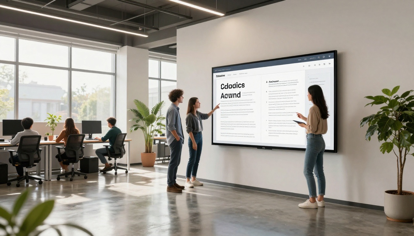 Creative team reviewing a digital publication on a large office monitor Creative team reviewing a digital publication on a large office monitor