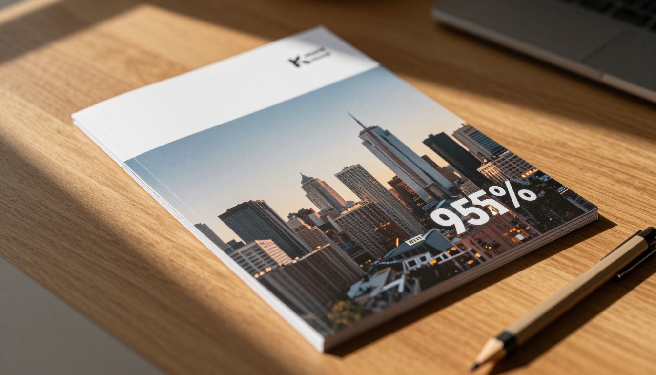 Premium printed brochure on a blond oak desk with a tiny logo in the upper-left corner and a bold urban skyline photograph dominating the front, morning light from the left