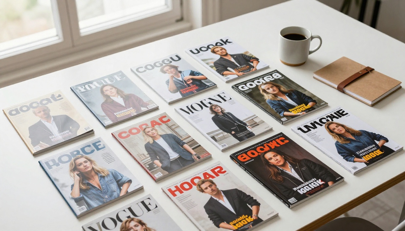 Multiple publication covers arranged in an aerial flat-lay on a white studio table, contrasting oversized logo designs with minimal logo designs