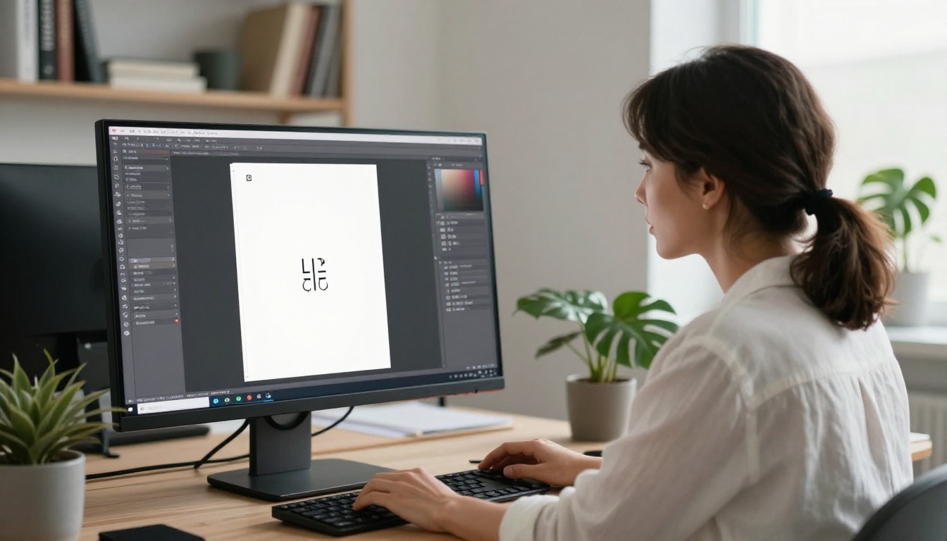 Graphic designer at a large monitor in a modern studio, screen showing a publication layout with a small precise logo in the upper-left corner