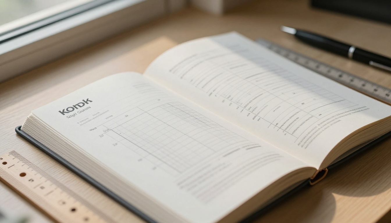 Brand identity style guide open to logo size placement specifications and grid diagrams on a light oak desk