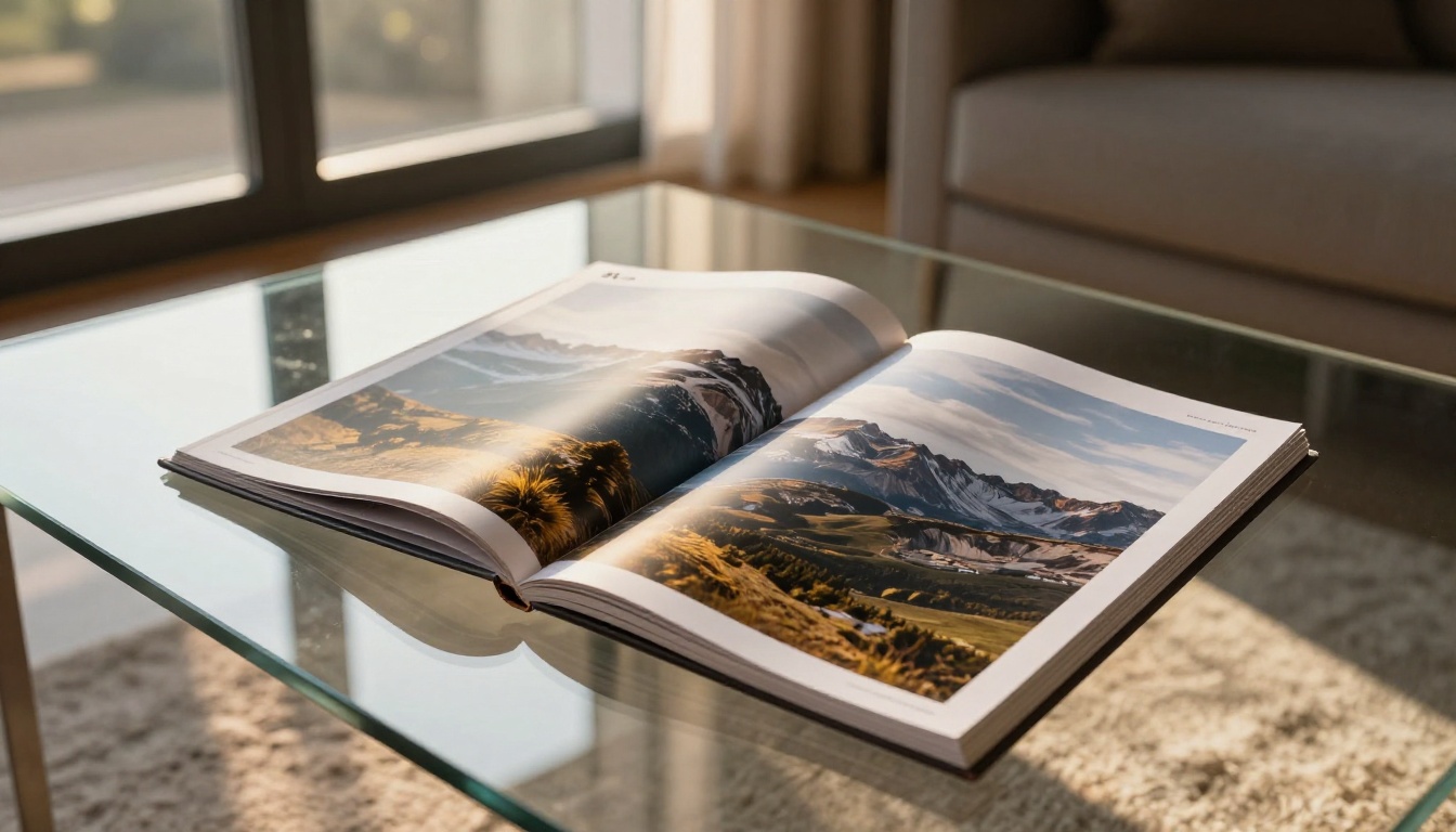 Luxury print magazine at an angle on a smoked-glass table showing a tiny refined logo at the top with a mountain landscape photograph filling the page