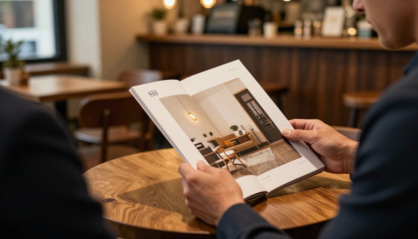 Well-dressed businessman in a café flipping through a premium catalog with a clean minimal-logo publication front