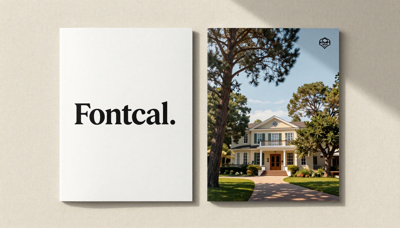Two contrasting brochure designs on cream linen, one with an oversized logo and one with a small corner logo and a dominant hero photograph