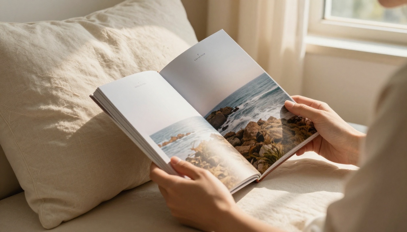 Elegant woman's hands holding a slim premium flipbook open in a sun-lit reading nook, the front showing a small refined logo at the top against a full-bleed coastal photograph