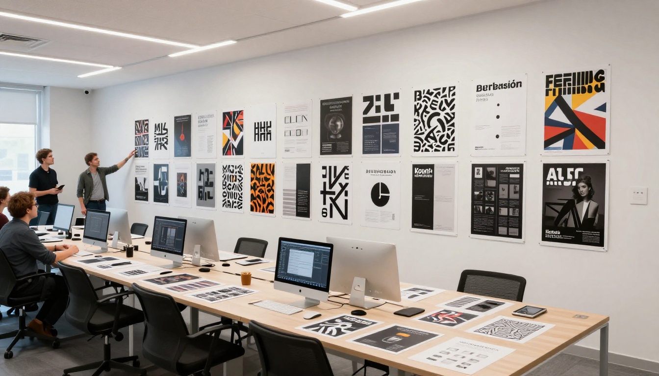 Design agency wall covered in publication proof iterations progressing from large-logo versions to refined minimal-logo designs, with designers reviewing the progression