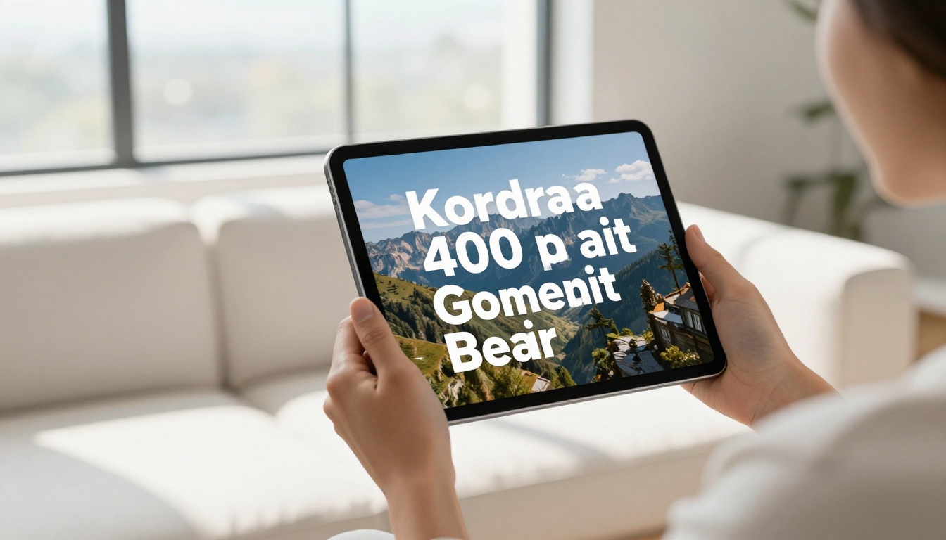 Woman's hands holding a tablet displaying a digital flipbook with bold caption text overlaying a travel photograph