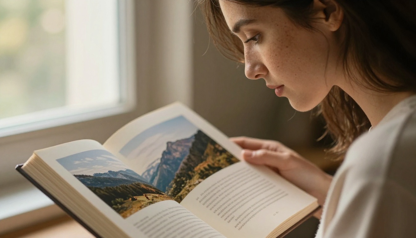 Woman reading a hardcover photo book, eyes scanning caption text beneath a landscape photograph, soft natural daylight