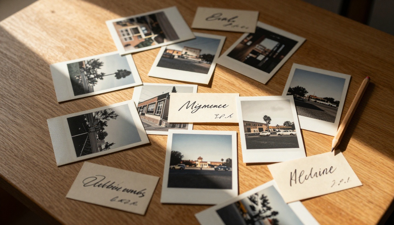 Flat lay overhead of vintage photo prints on oak table with handwritten caption cards showing different typography styles