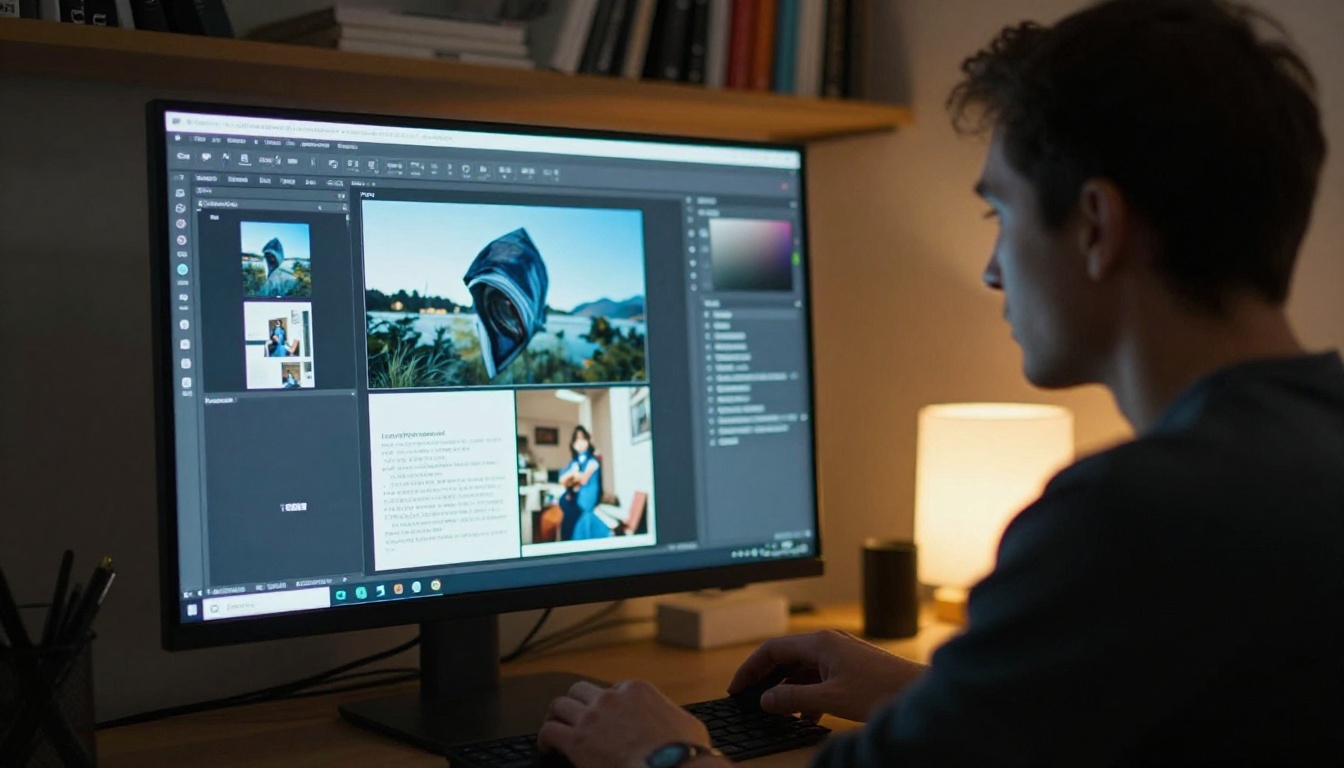 Graphic designer in side profile at a large monitor displaying digital publication layout with caption text boxes Graphic designer in side profile at a large monitor displaying digital publication layout with caption text boxes