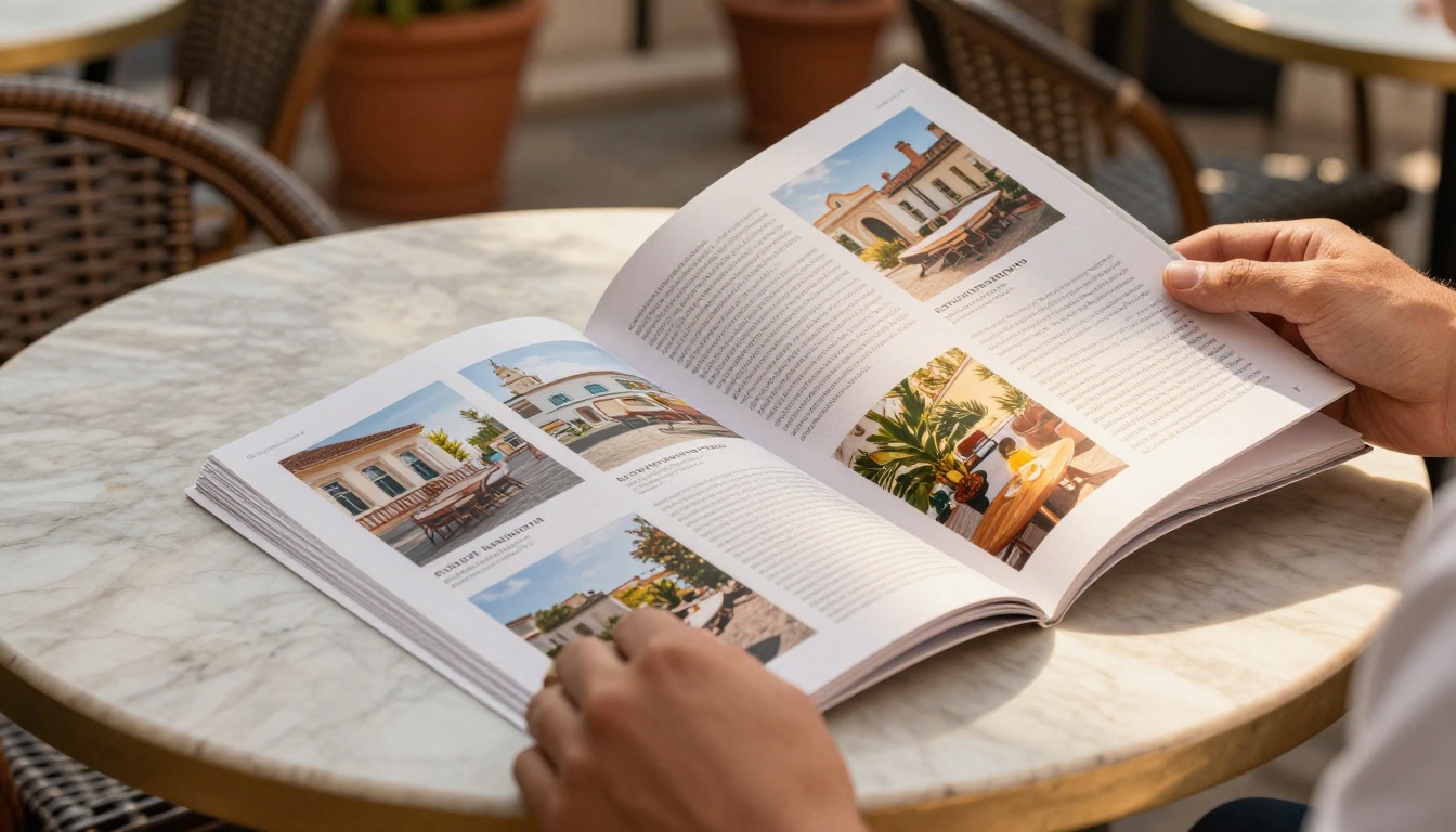 Man's hands holding an open product catalog at a sunlit marble cafe table with Mediterranean afternoon light Man's hands holding an open product catalog at a sunlit marble cafe table with Mediterranean afternoon light