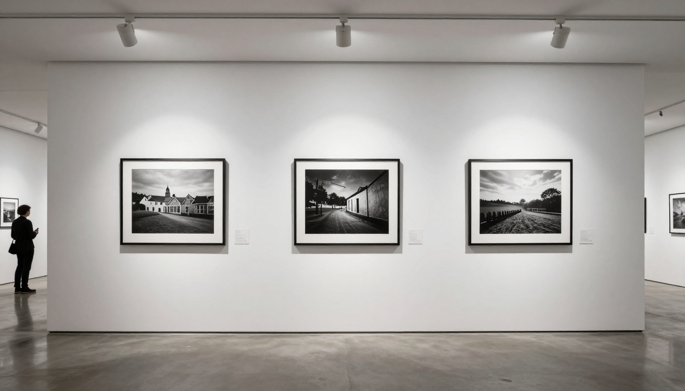 Minimalist white art gallery wall with three large black-and-white framed photographs and small caption plaques below each Minimalist white art gallery wall with three large black-and-white framed photographs and small caption plaques below each