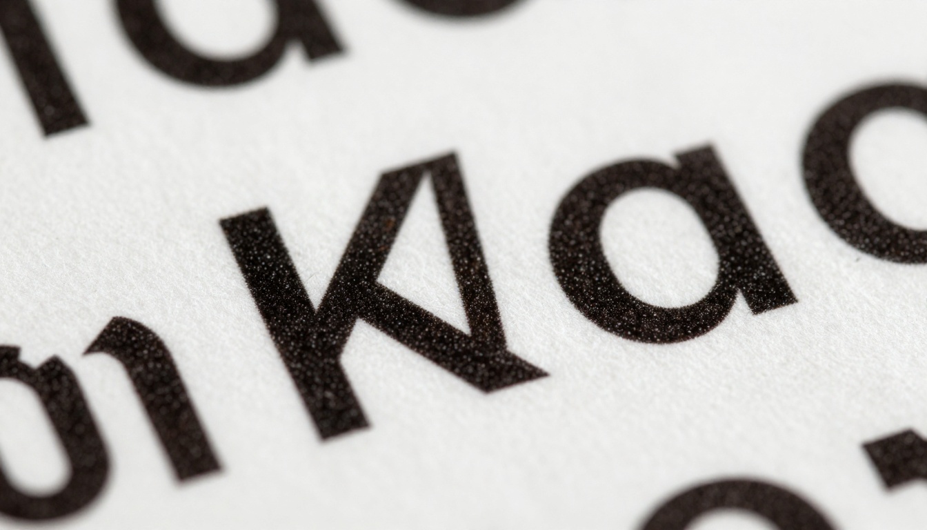 Extreme macro close-up of printed caption text letters on glossy photographic paper showing ink and paper fiber grain Extreme macro close-up of printed caption text letters on glossy photographic paper showing ink and paper fiber grain