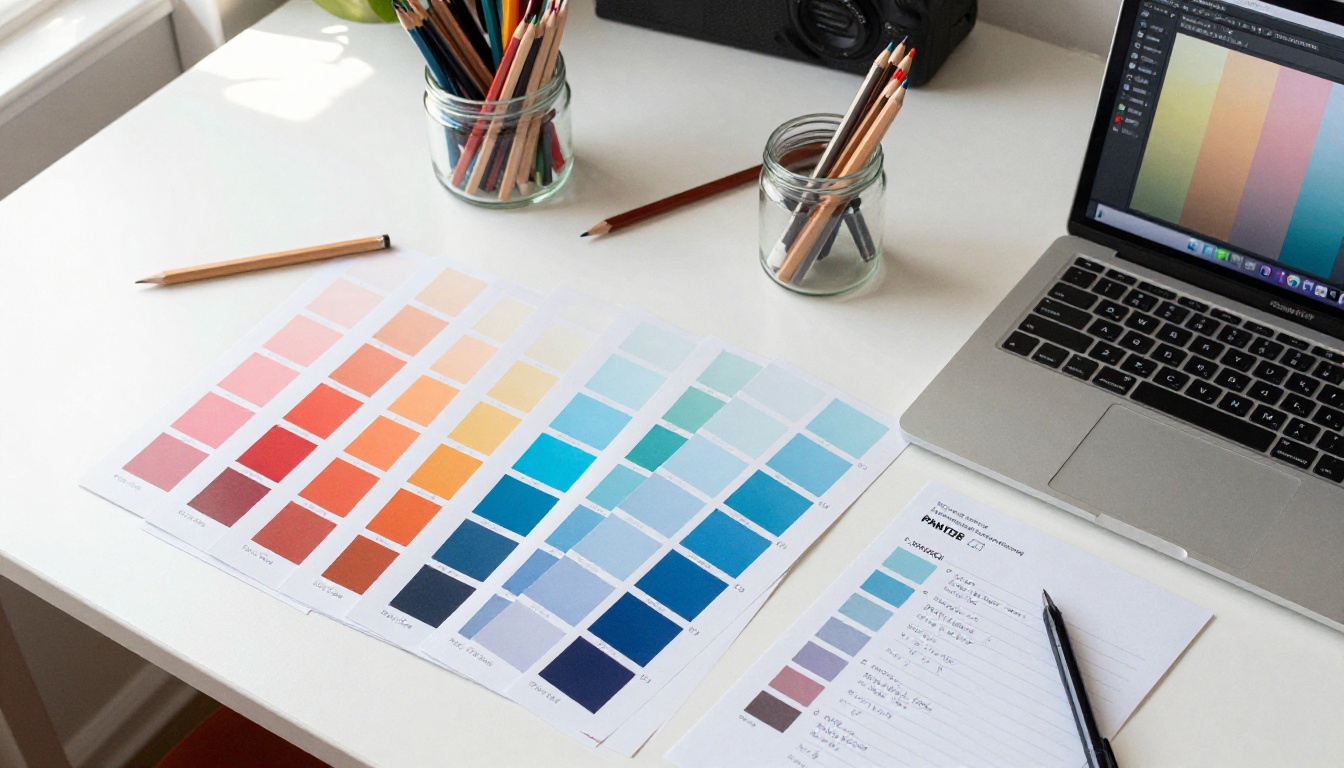 Flat lay of color swatch cards and Pantone chips on a designer's desk