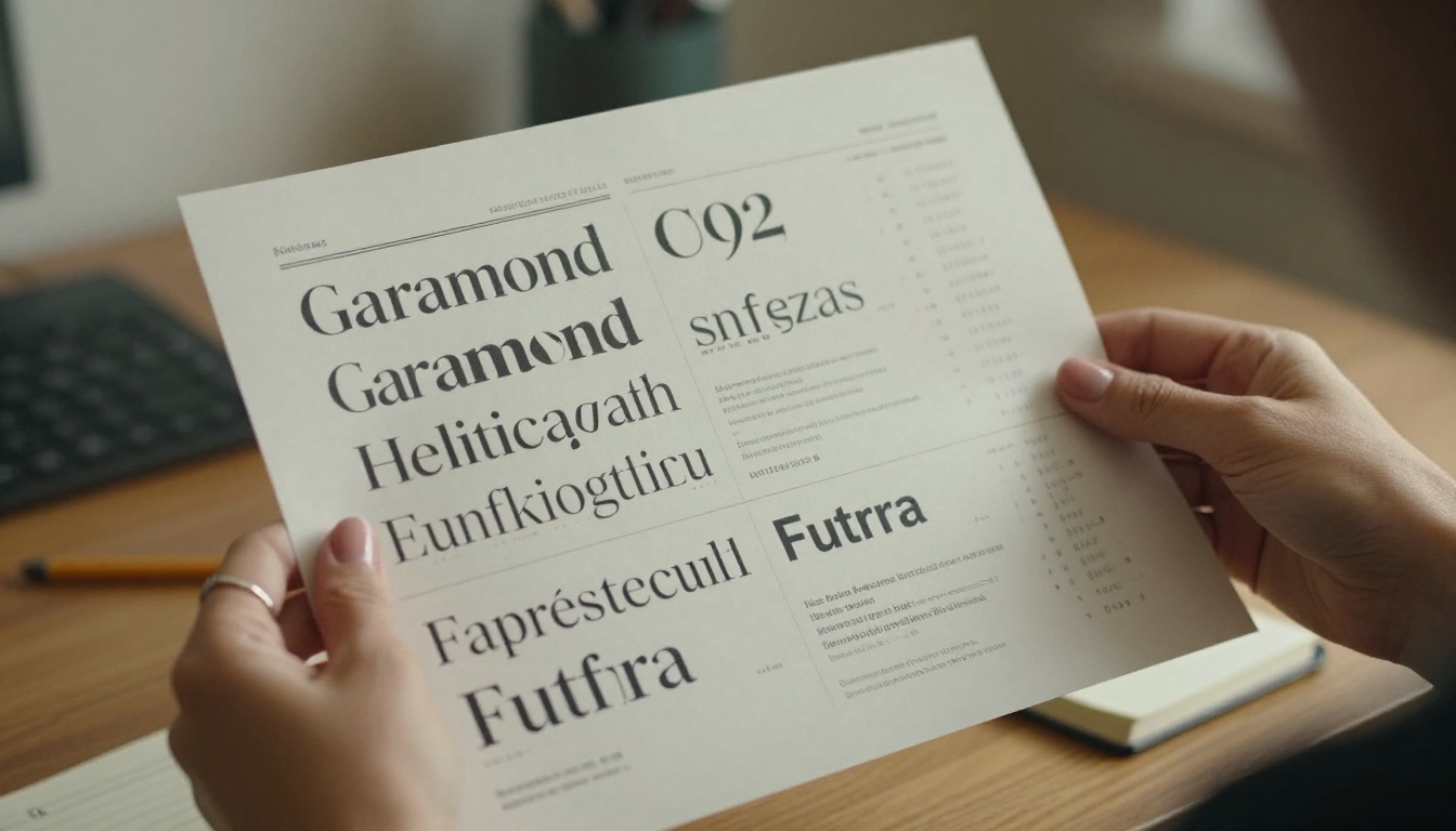Close-up of a woman's hands holding a printed typography specimen sheet