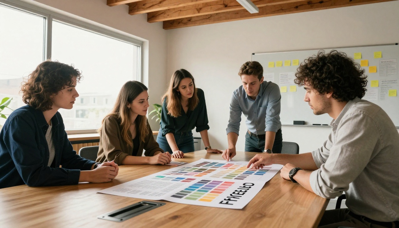Design team reviewing a printed style guide booklet at a conference table