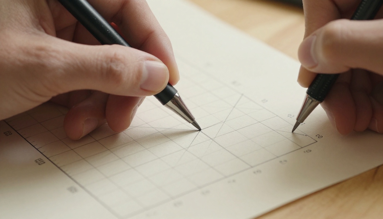 Hand annotating a grid system diagram on drafting paper with pencil