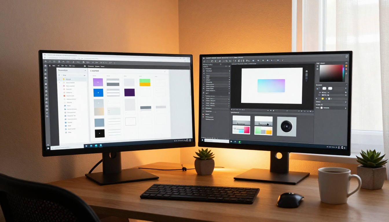 Dual monitor setup showing style guide and active design project